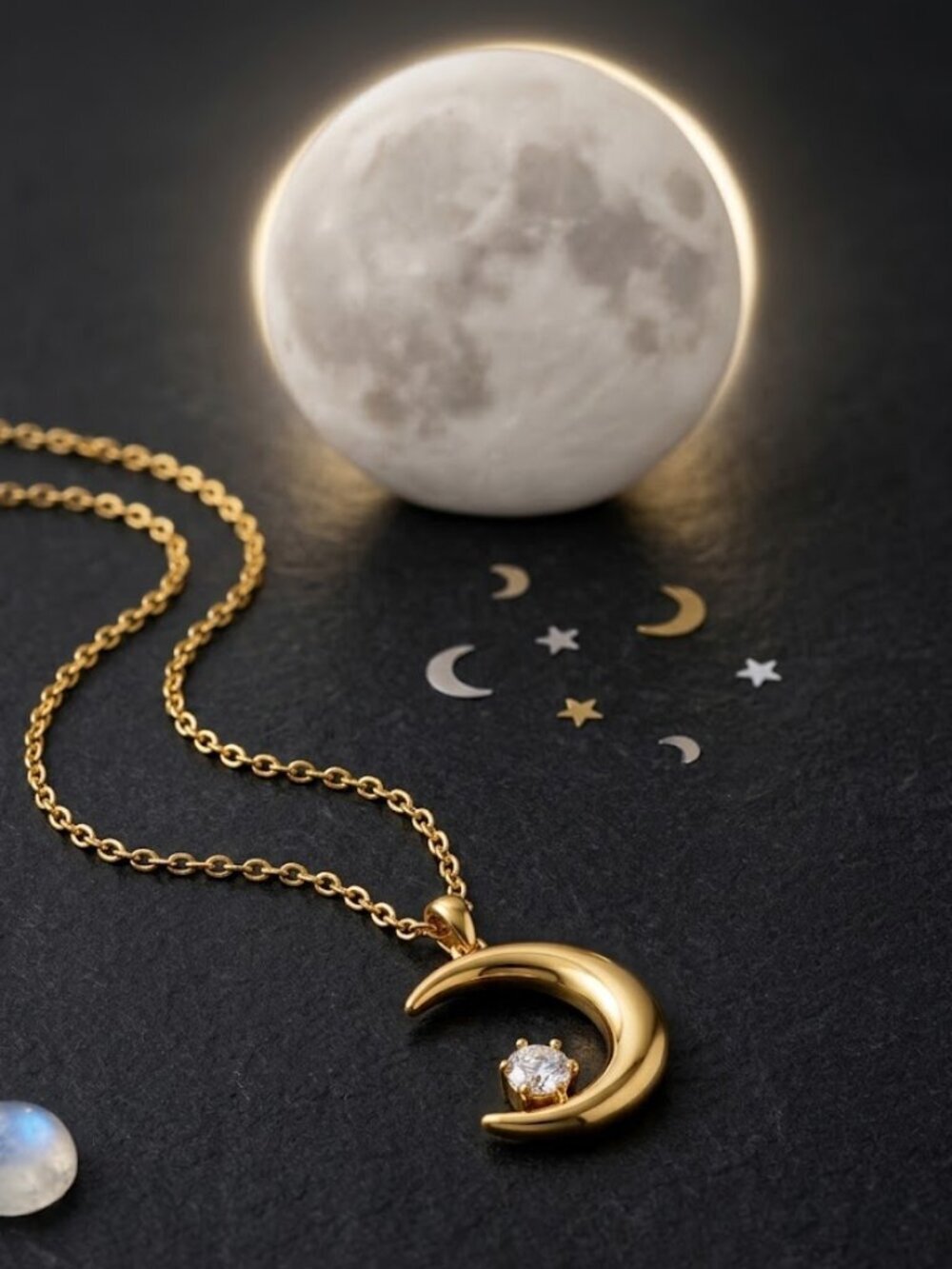 Gold Crescent Moon Necklace CZ Pendant Celestial Layering Stainless Adj 16"